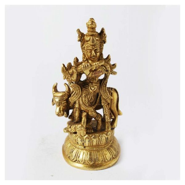 Brass Krishna With Cow