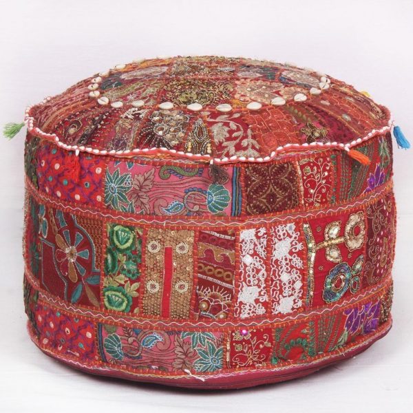 Ethnic Ottoman Red cotton Floral Embroidered Pouf Cover