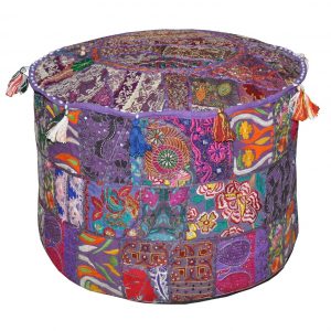 Ethnic Ottoman Purple cotton Floral Embroidered Pouf Cover