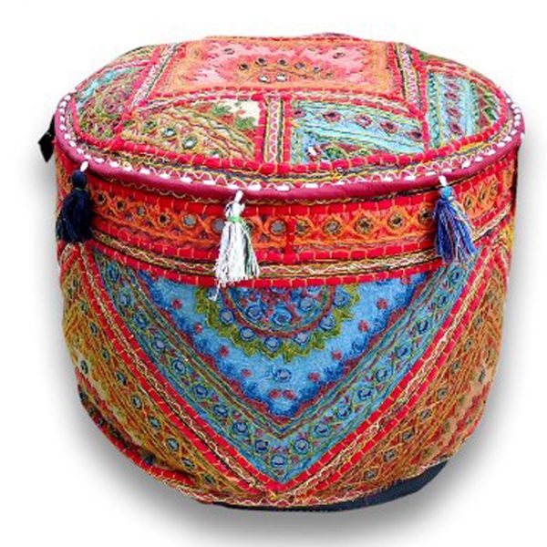 Ethnic Ottoman Coral cotton Floral Embroidered Pouf Cover