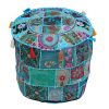 Ethnic Ottoman Aquamarine cotton Floral Embroidered Pouf Cover
