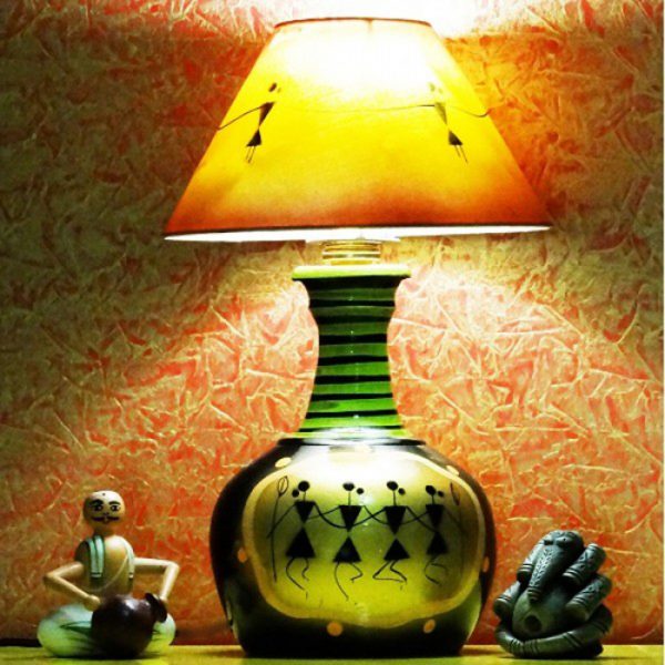 Hand Painted Warli Lamp Green