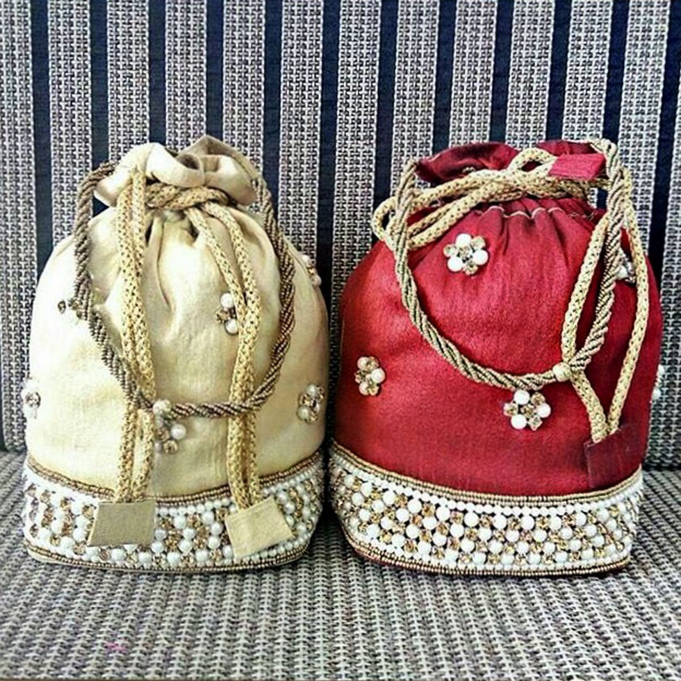 Buy Potli bag (Pack of 2 Potli) Maroon Matka Designer handbags for Women  wedding party and Return gift potli bags for party accessories .Outer  Golden Embroidered Design Online In India At Discounted