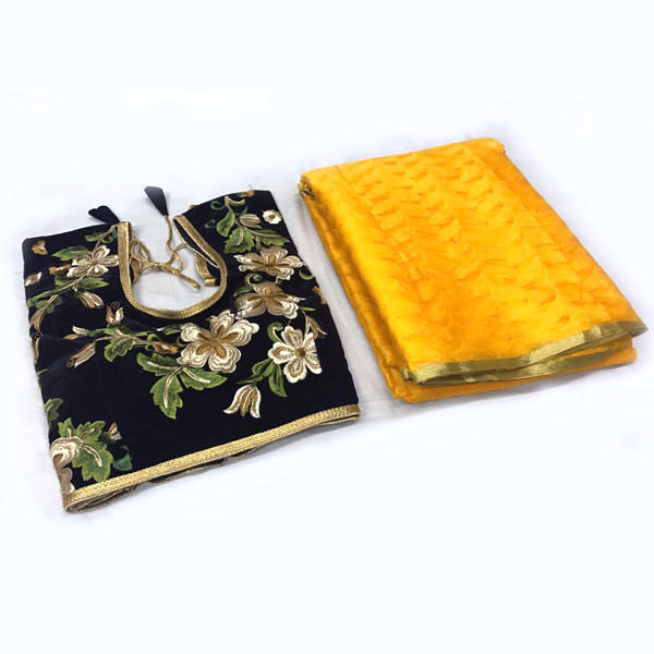 Designer Wear Patola Saree with Stitched Velvet Blouse (Yellow)