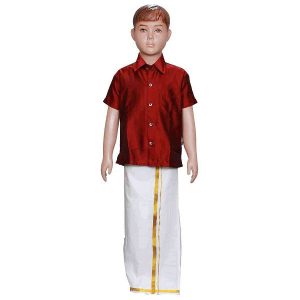 Kanchipuram Pure Silk Maroon Dhoti and shirt Set for kids