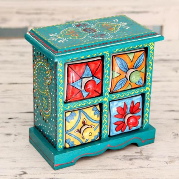 Wooden Painted Ceramic 4 Drawer