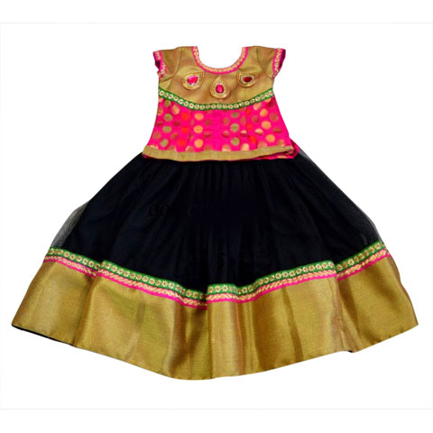 Black lehenga with gold border and Rani pink blouse