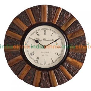 Brown Wooden 12 Inch Round Sugarcane Antique Wall Clock
