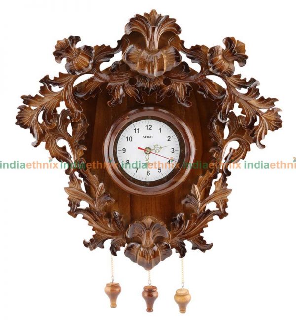 Brown Wooden Inch Wall Clock with Leaf