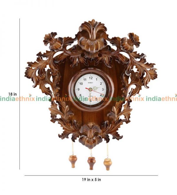 Brown Wooden Inch Wall Clock with Leaf