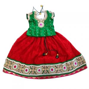 Green And Red Embroidered Netted Lehenga