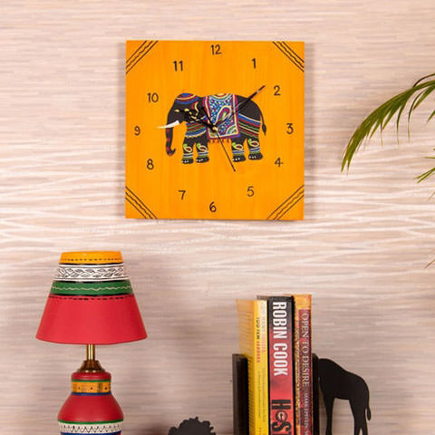 Yellow Wood Elephant Wall Clock