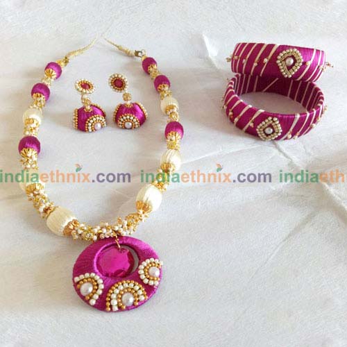 AKSHARA Round Gold Chain Silk Thread Necklace With Pair Of Earrings Golden  Online in India, Buy at Best Price from Firstcry.com - 11329107