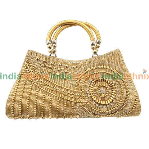 Gold-Toned Embroidered Women Clutch