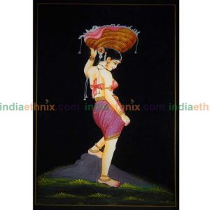 Handmade Nirmal Painting - Lady carrying flower basket