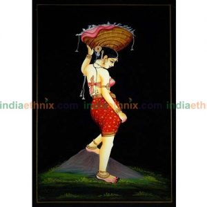Handmade Nirmal Painting - Lady carrying flower basket