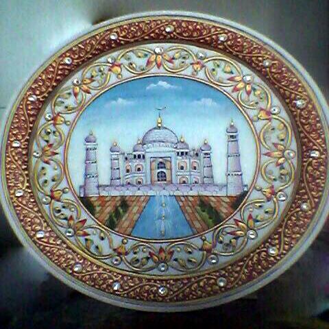 Taj Mahal On Marble Plate Hand Painted