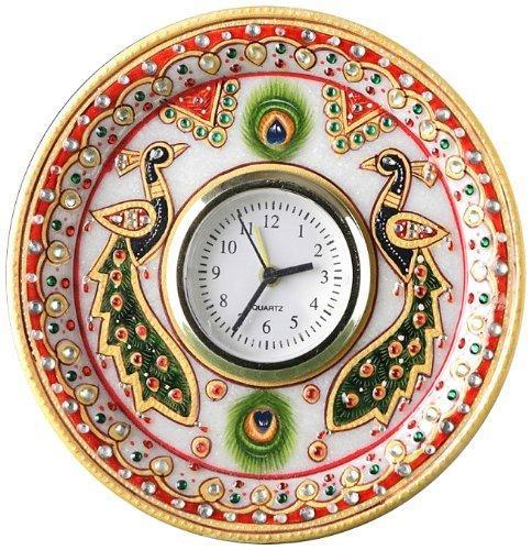 Round Shaped Marble Peacock Motif Clock : indiaethnix