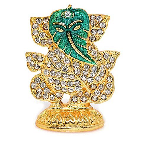 Metal Stone Ganapathi with Studded Green Leaf Car Dashboard