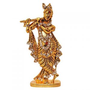 Gold Plated Krishna Studded with Stone Car Dashboard Statue