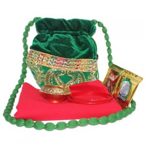 Haldi-Kumkum and Potli Bag with Brass Diya Combo